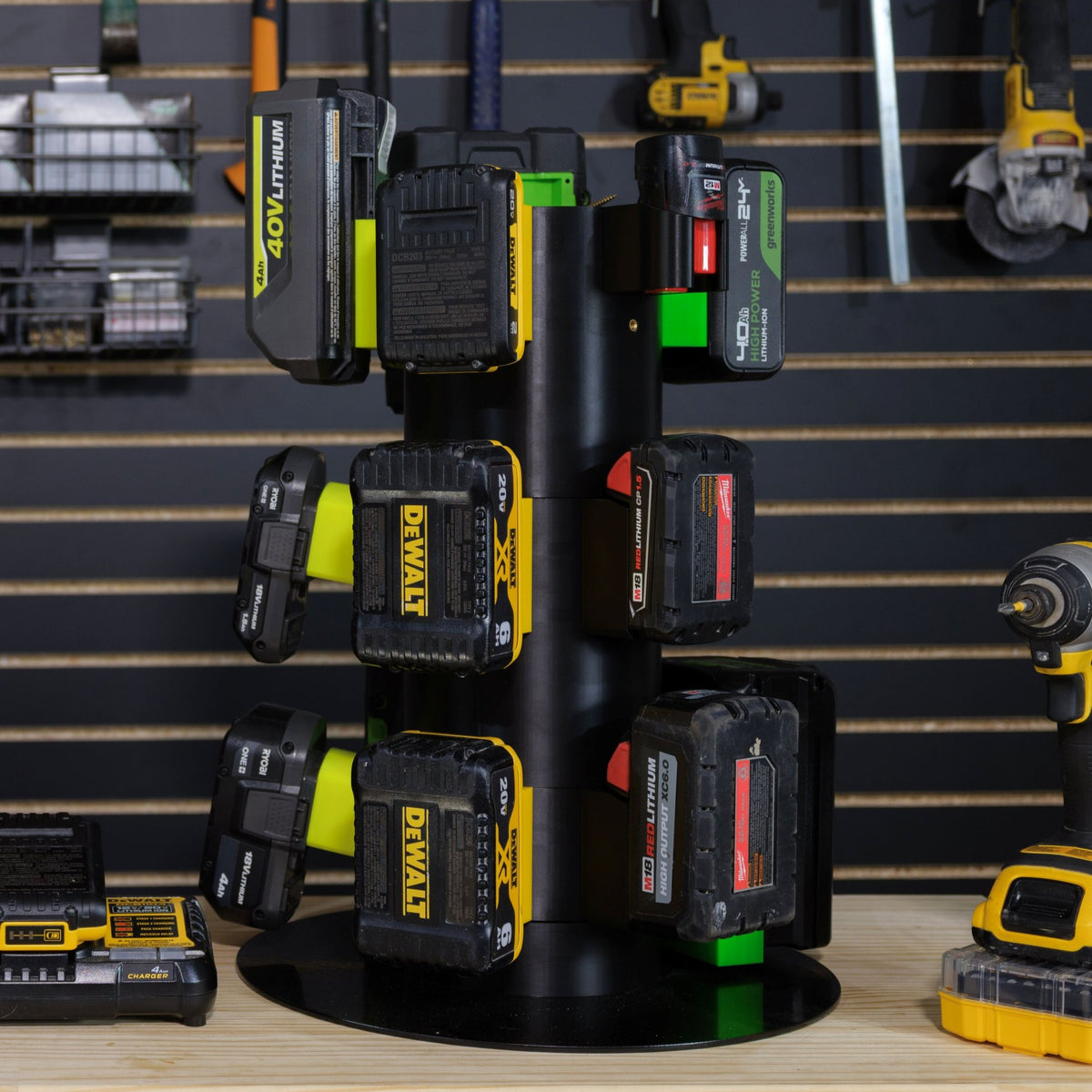 Cordless tool battery storage tower with brand specific mounts