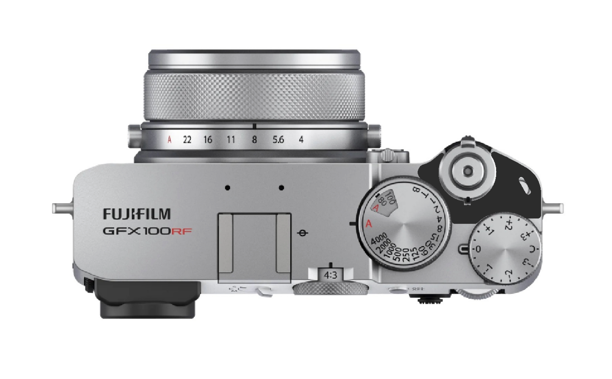 Fujifilm GFX100RF mirrorless camera body in silver with a matching silver lens, shown from a top-down view on a white background with a power switch lock installed.