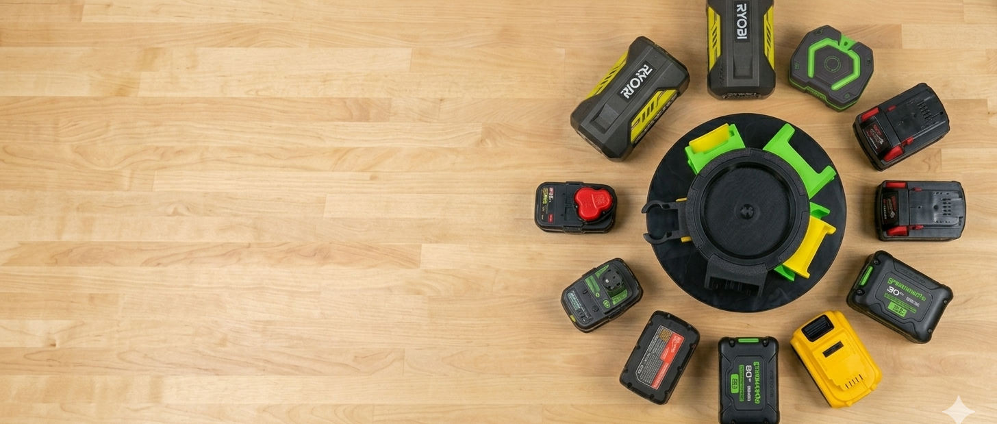 Collection of various battery packs on a wooden surface
