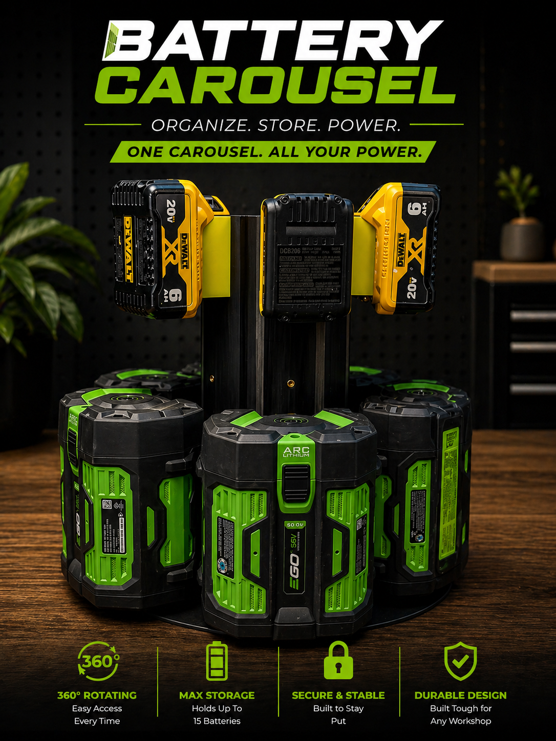 Battery Carousel with EGO Ryobi and DeWalt batteries mounted on tree