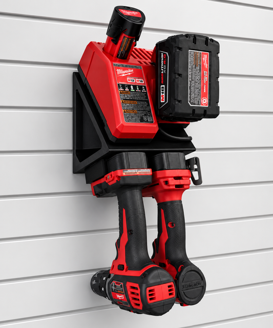 Charge Dock charger wall mount on white slatwall holding a Milwaukee M12/M18 charger, M18 battery and two Milwaukee drills